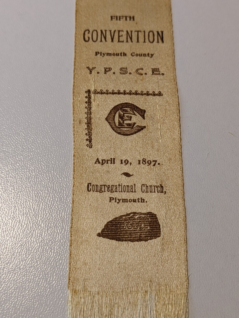 Antique Plymouth MA Souvenir Lot - 1897 Silk Ribbon, Brass Mayflower II Bookmark - Picture 2 of 13